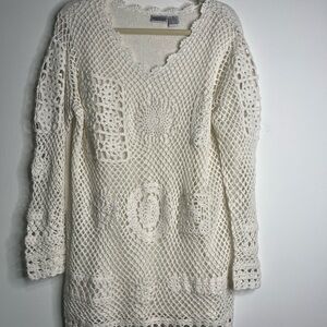 Newport News Easy Style Tunic Sweater XL Crochet White Rhinestones